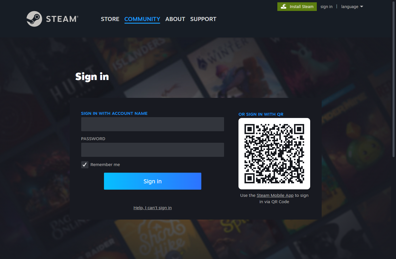 The real Steam sign-in page at steamcommunity.com, with the account name and password fields and no list of permissions to approve.